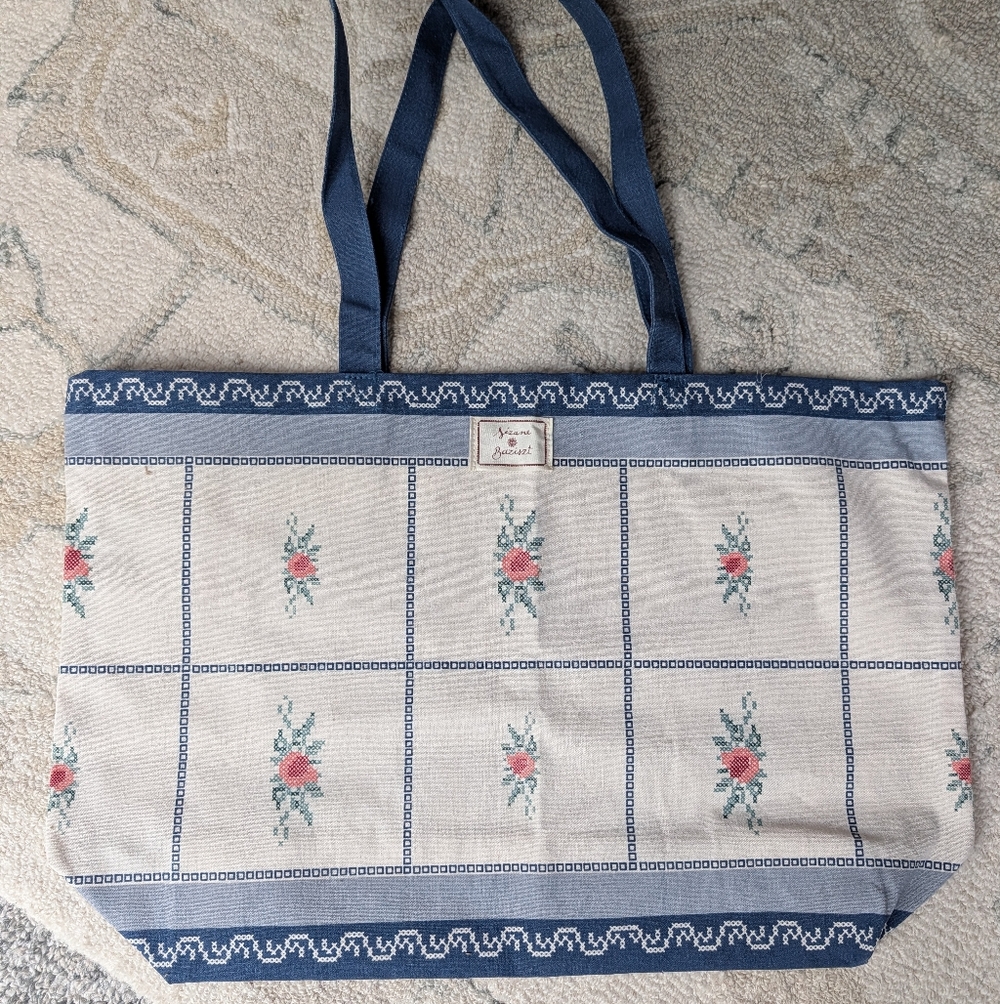 Sezane Blue and Cream Floral Tote Bag
